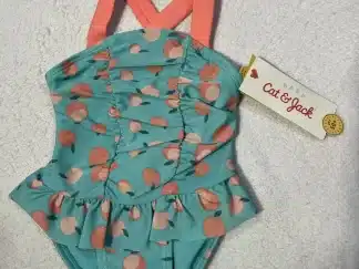 Cat and Jack Baby Girl Fruit Peach Print One Piece Swimsuit Snap Closure Size 0-3M