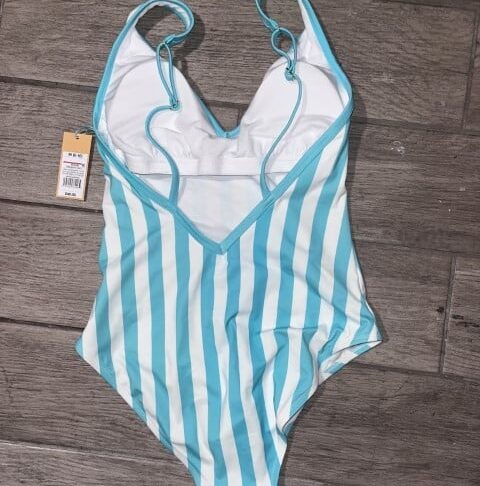 Kona Sol Women’s Turquoise and White Striped One-Piece Swimsuit – Deep V-Neck, Adjustable Straps - Image 2