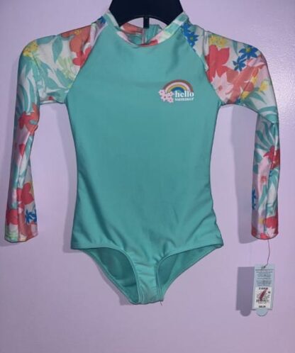 Girls' Tropical Print Long Sleeve Rash Guard One Piece Swim Suit Size S 6-6x