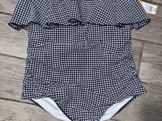 Kona Sol Navy Blue Gingham Ruffle One Piece Bathing Suit 14W