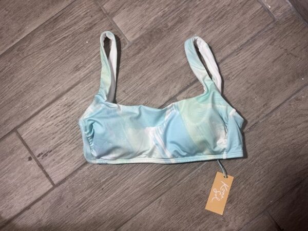 Kona Sol Women’s Scoop Neck Tie-Back Bikini Top – Blue Watercolor Print, Adjustable Fit, Size Small