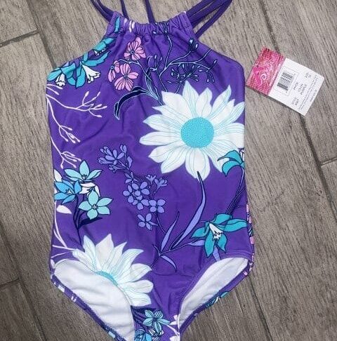 Kanu Surf Girls’ Purple Floral One-Piece Swimsuit – High Neck, Strappy Back, Size 10 - Image 2