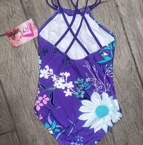 Kanu Surf Girls’ Purple Floral One-Piece Swimsuit – High Neck, Strappy Back, Size 10 - Image 3