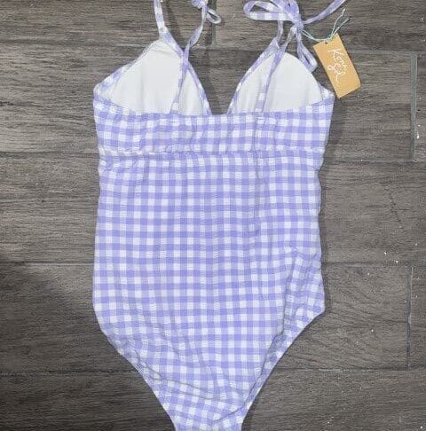 Kona Sol Women’s Lilac Gingham One-Piece Swimsuit – Tie-Shoulder Straps, Size S (4/6) - Image 3