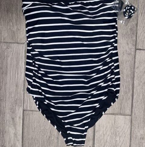 Kona Sol Women’s Black & White Striped Bandeau One-Piece Swimsuit – Removable Halter Strap, Size XL – New Without Tags