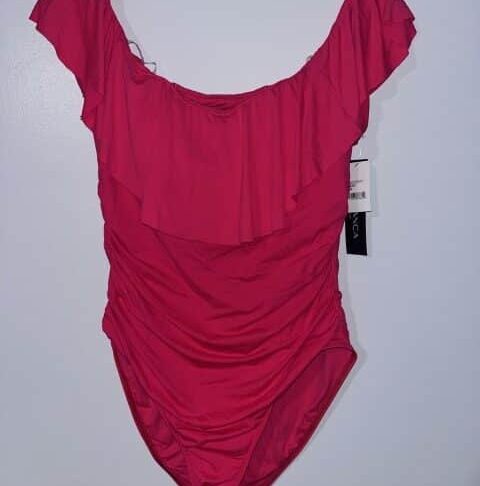 La Blanca Off-The-Shoulder Ruffle One-Piece Swimsuit in Pink — Size 14 - Image 3