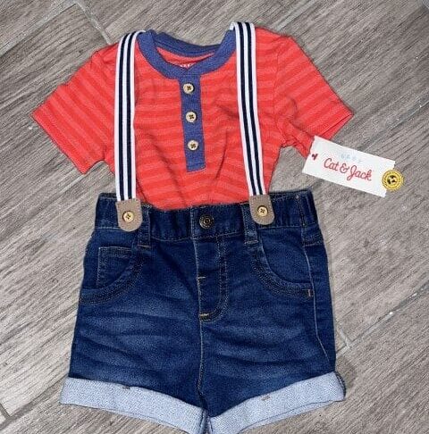 Cat and Jack Baby Boy's Outfit Short Sleeve Denim Shorts With Suspenders Size 6-9M