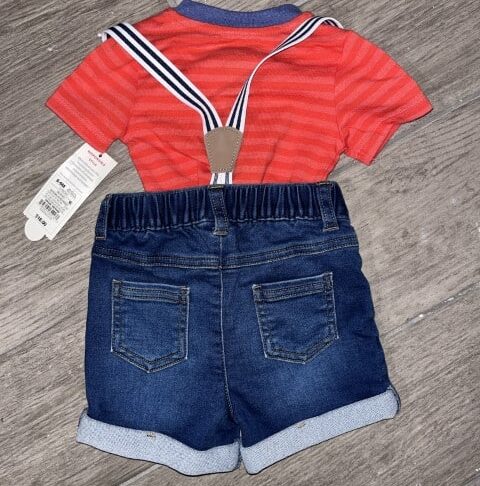 Cat and Jack Baby Boy's Outfit Short Sleeve Denim Shorts With Suspenders Size 6-9M - Image 2