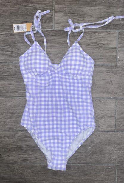 Kona Sol Women's Shoulder Tie Gingham Lilac One Piece Swimsuit Size S