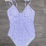 Kona Sol Women's Shoulder Tie Gingham Lilac One Piece Swimsuit Size S