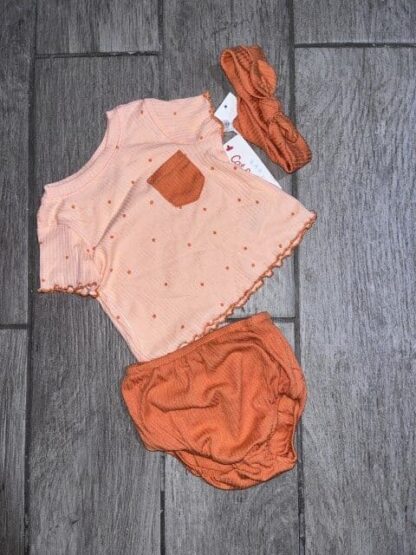 Cat and Jack Baby Girls' Peach Dot Rib Short Sleeve Top & Bottom Set with Headband Size 3-6M