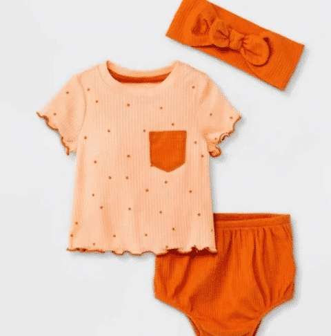 Cat and Jack Baby Girls' Peach Dot Rib Short Sleeve Top & Bottom Set with Headband Size 3-6M - Image 3