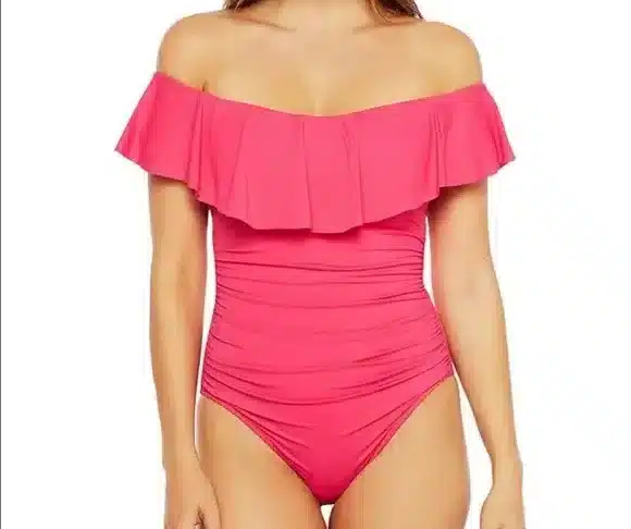 La Blanca Off-The-Shoulder Ruffle One-Piece Swimsuit in Pink — Size 14 - Image 4