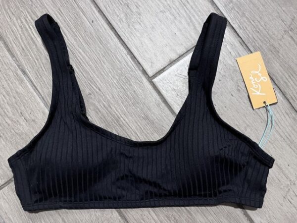 Kona Sol Women’s Black Ribbed Scoop Neck Bikini Top – Adjustable Straps, Back Clasp, Size M (8–10)