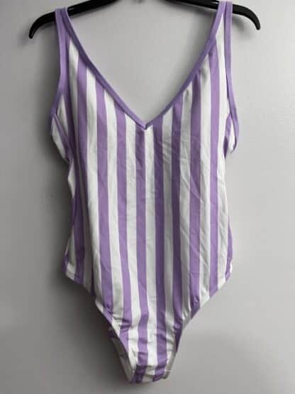 Women Kona Sol Purple Striped One Piece V Neck Swimsuit