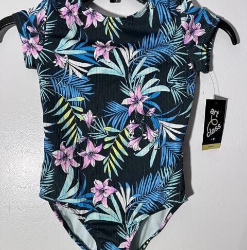 Girls Art Class Tropical Print Open Back Swimsuit Size S