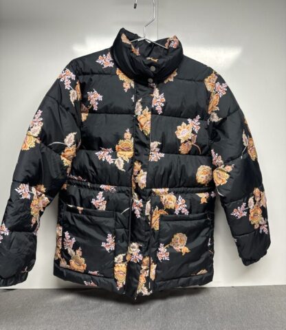 Womans Black Puffer Jacket with flower design