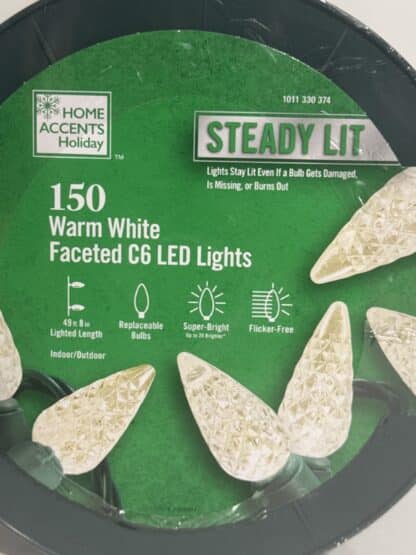 150 Count Warm White Faceted Steady Lit C6 LED Lights Home Accents - Image 4