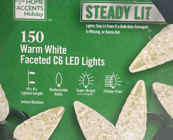 150 Count Warm White Faceted Steady Lit C6 LED Lights Home Accents - Image 4
