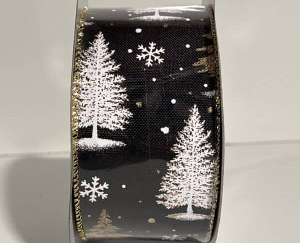 Black Holiday Ribbon White and Gold Pine Trees Holiday Living 8 Yards - Image 4