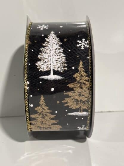 Black Holiday Ribbon White and Gold Pine Trees Holiday Living 8 Yards - Image 3