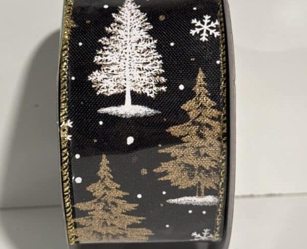 Black Holiday Ribbon White and Gold Pine Trees Holiday Living 8 Yards - Image 3