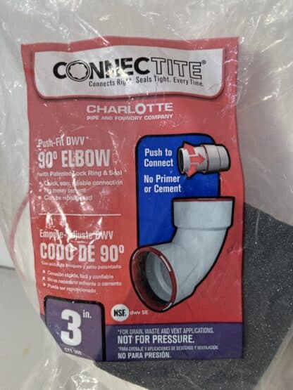 Charlotte Pipe 3" ConnecTite PVC DWV 90° Elbow – Schedule 40 Push-Fit - Image 3